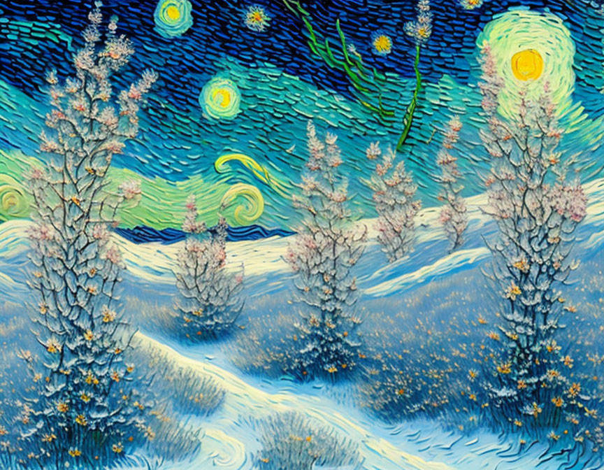 Night Sky Painting with Swirling Stars and Blossoming Almond Trees