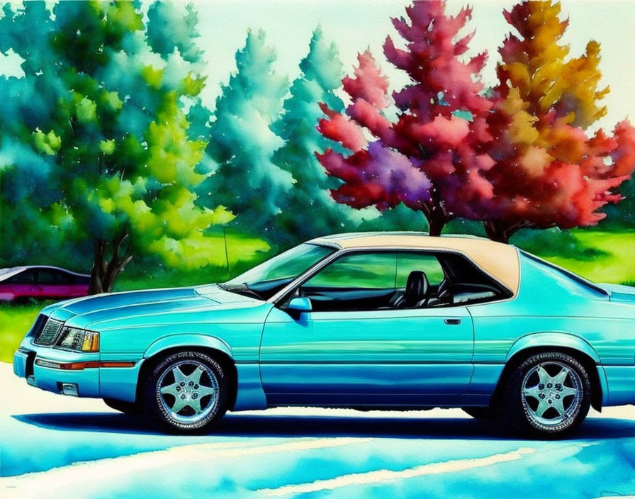 Colorful Watercolor Painting: Blue Classic Car & Autumn Trees