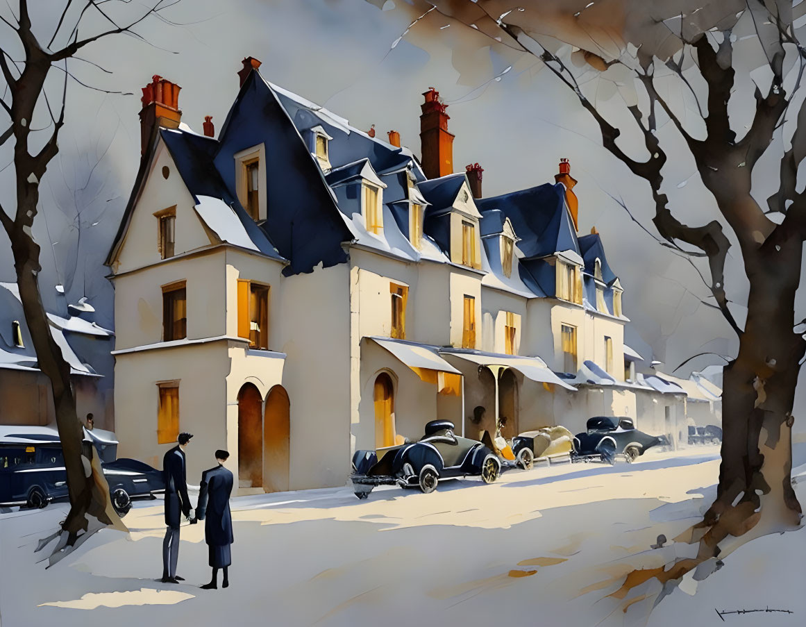 Snowy Street Scene with Vintage Cars and Figures in Warm Sunset Light