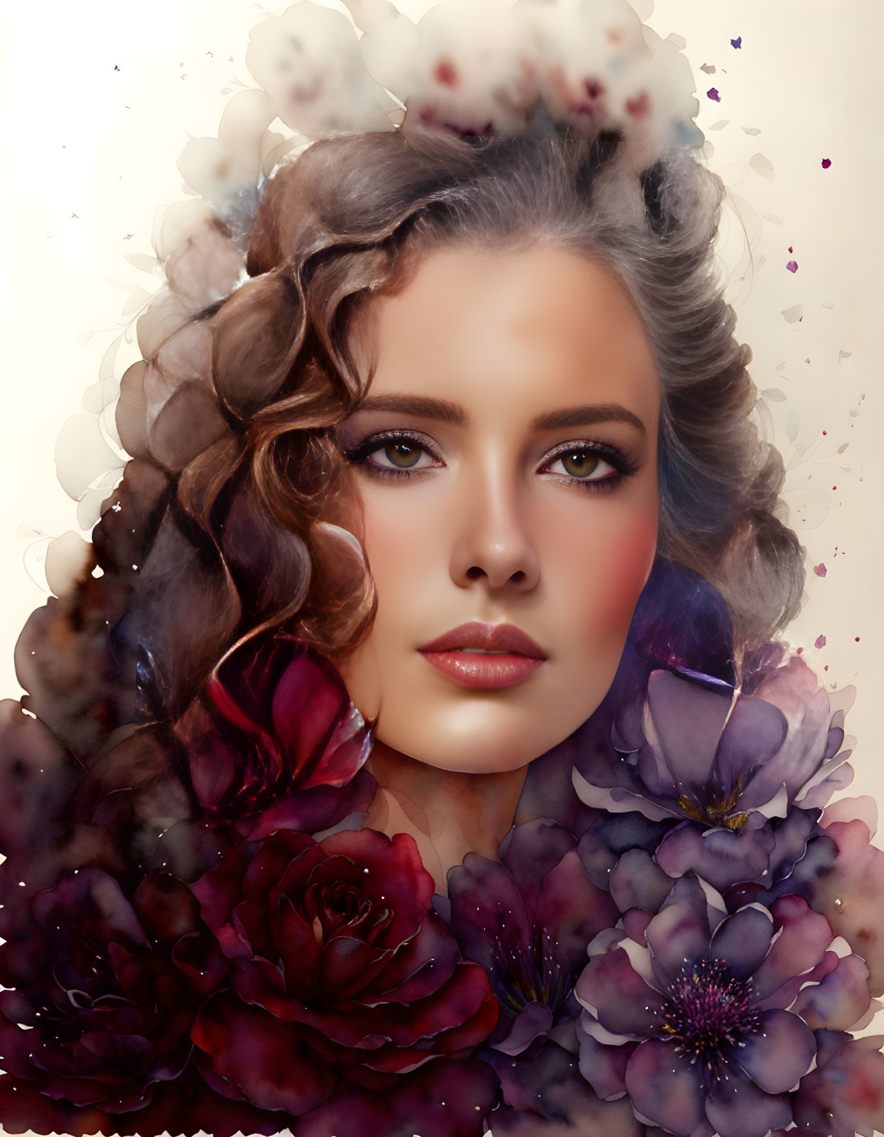 Detailed Makeup Portrait with Vibrant Flower Hair Integration