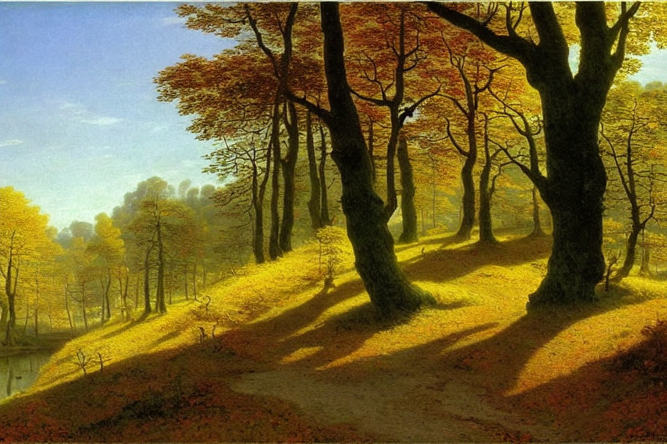 Tranquil Autumn Forest with Golden Leaves and Sunlight