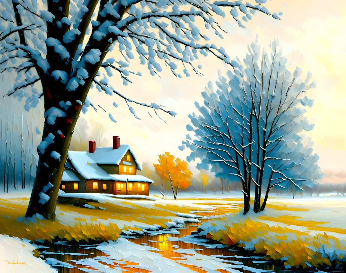 Vibrant painting of cozy house in snowy landscape