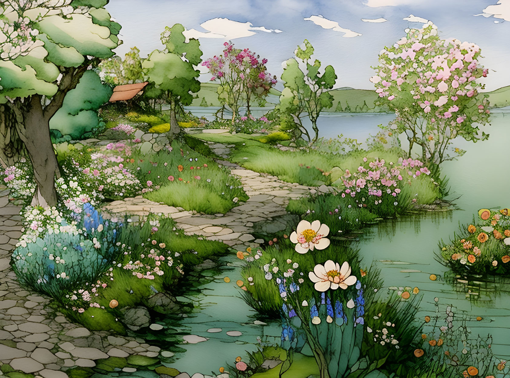 Lush garden watercolor with stone path, blooming flowers, trees, and tranquil pond