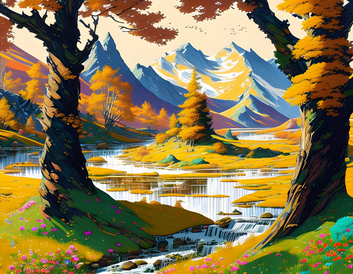 Vibrant autumn landscape with lake, waterfall, and snow-capped mountains