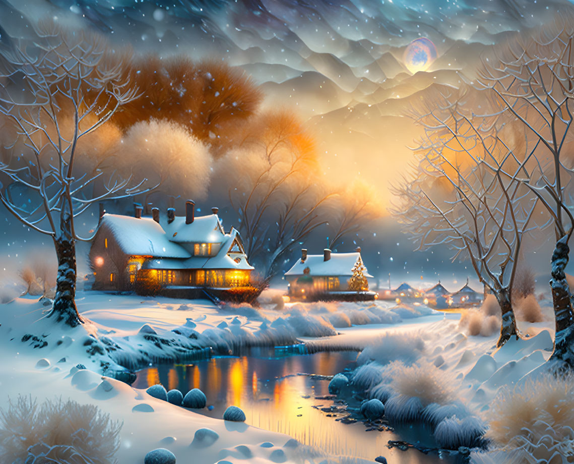 Snow-covered trees and cozy cottage in moonlit winter scene