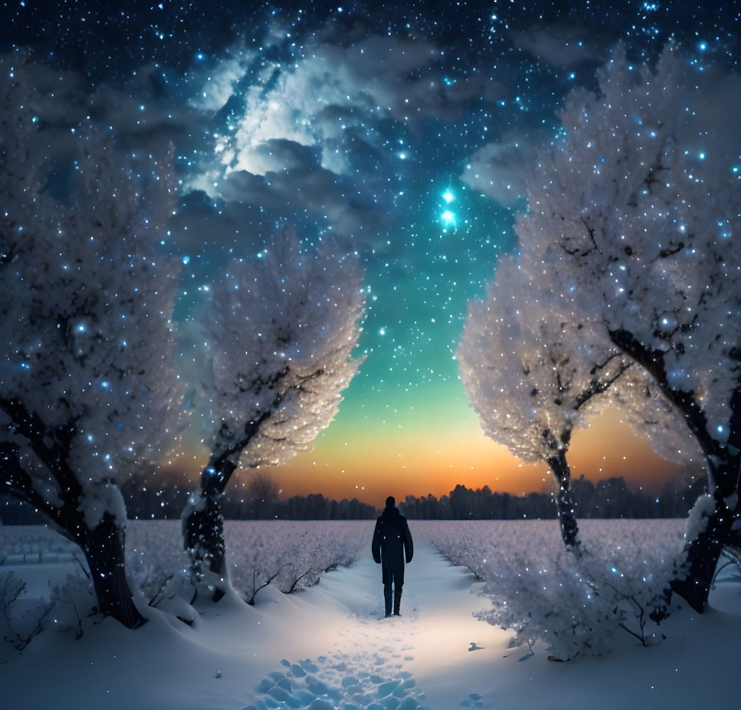 Person standing under starry sky with aurora and snow-covered trees