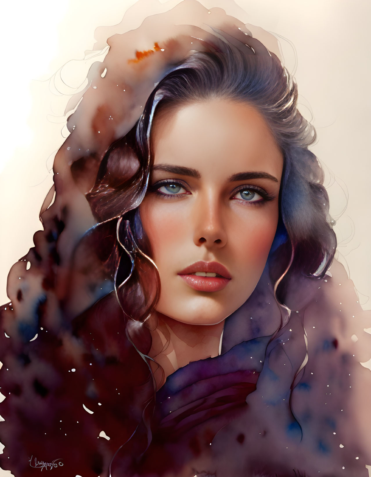 Woman with Blue Eyes and Brown Hair in Digital Portrait with Watercolor Background