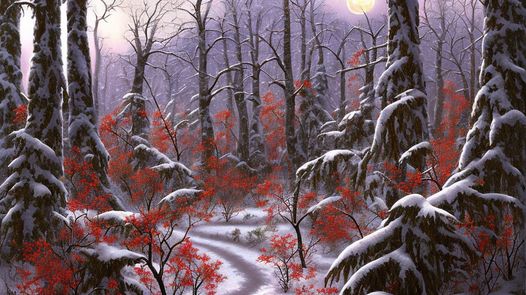 Snow-covered winter forest with winding path and red foliage under hazy sun