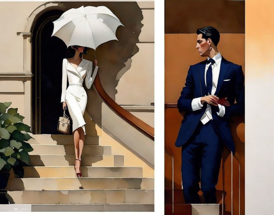 Stylized image of woman in white dress with umbrella and man in blue suit on elegant stairs