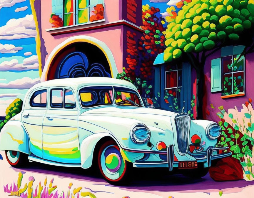 Colorful illustration: Classic white car parked in front of whimsical, vibrant house.