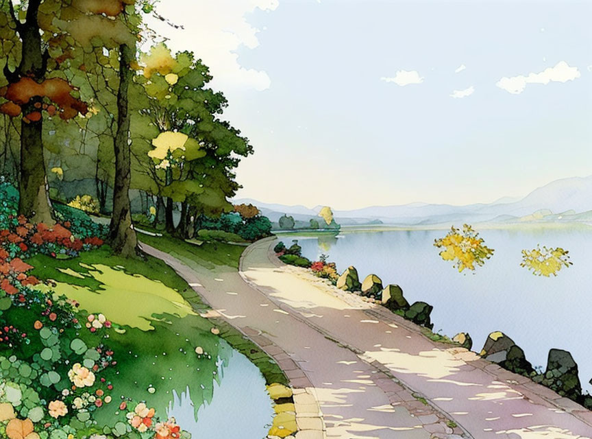 Tranquil lakeside path with trees and flowers