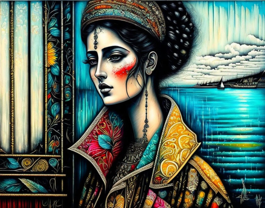 Colorful artwork of woman with elaborate attire and makeup by seascape and boats