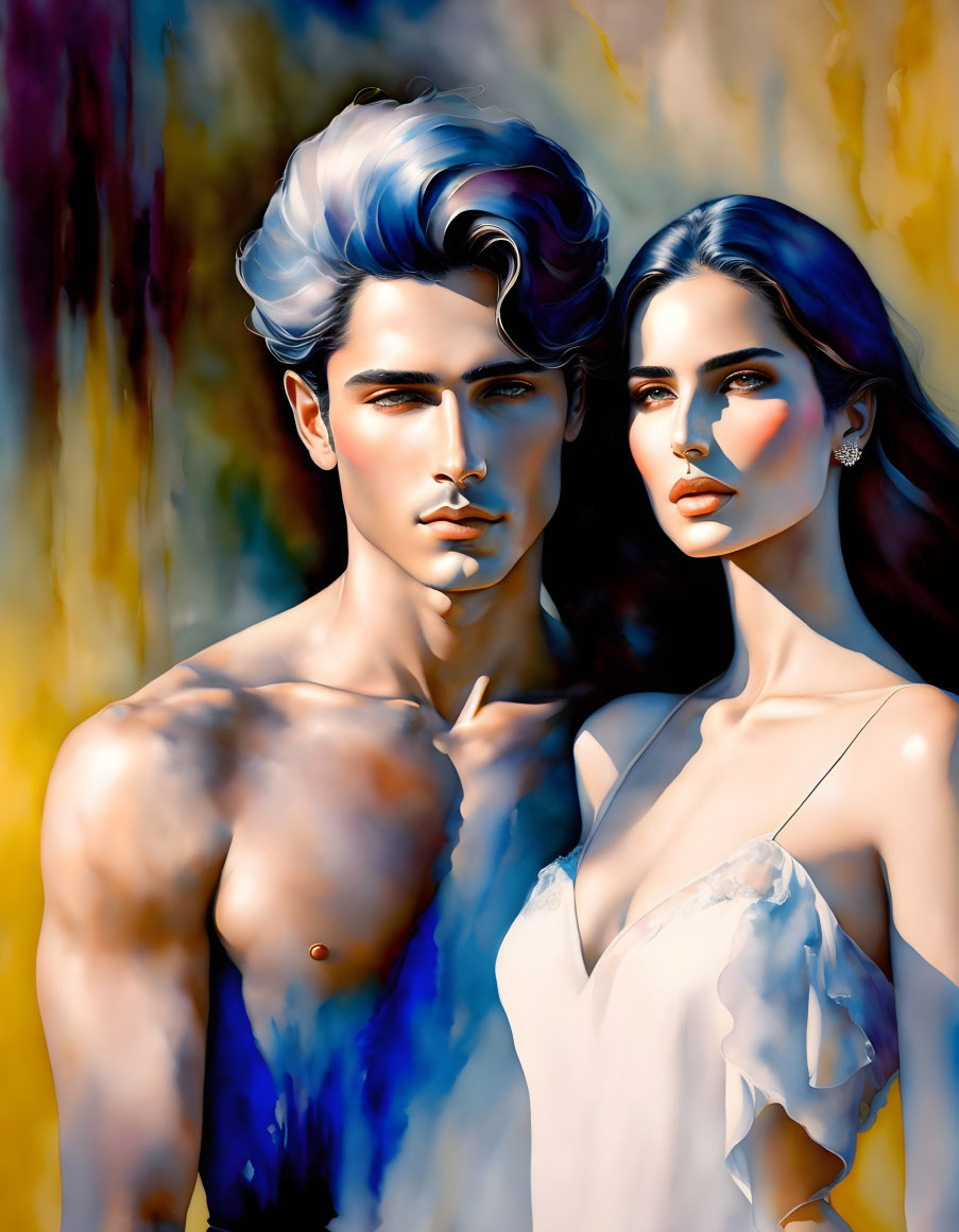 Stylized Blue-Haired Man and White Woman in Abstract Background