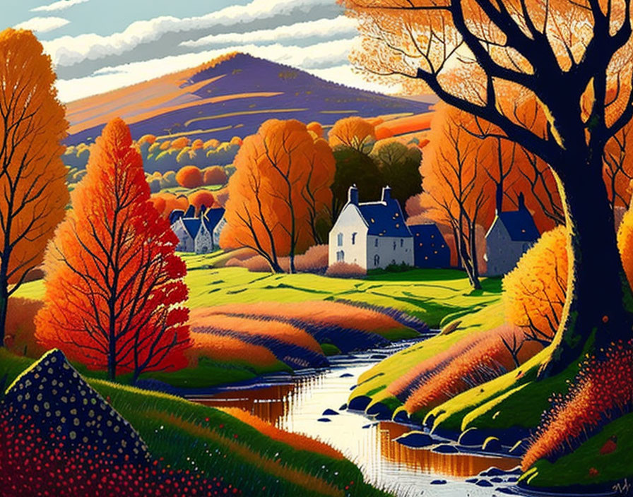 Colorful autumn trees, serene stream, quaint houses: scenic landscape.