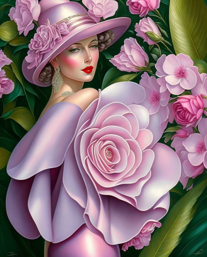 Detailed illustration of a woman in pink with stylish hat surrounded by greenery and flowers, holding a large