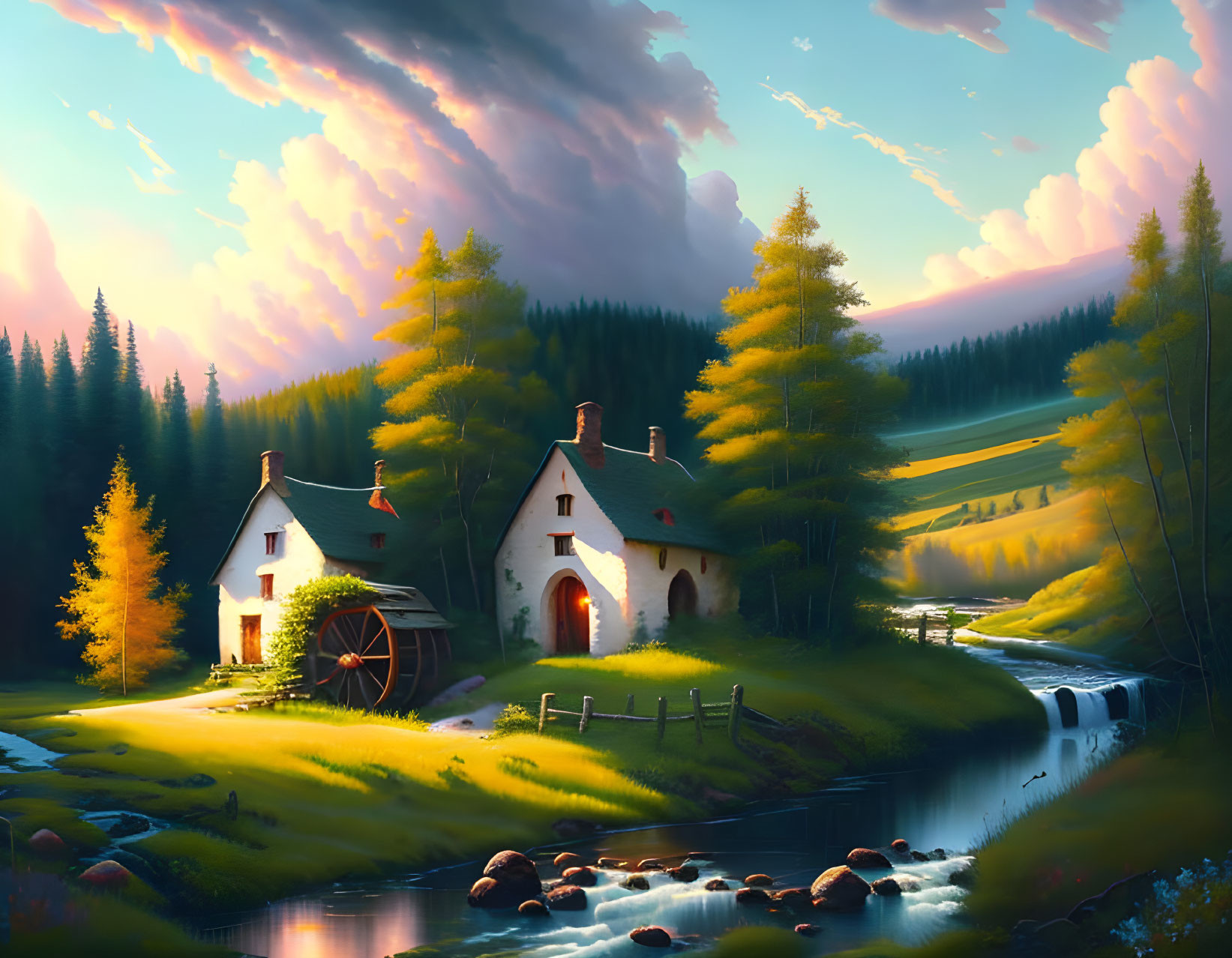 Tranquil countryside landscape with watermill, river, trees, and sunset sky