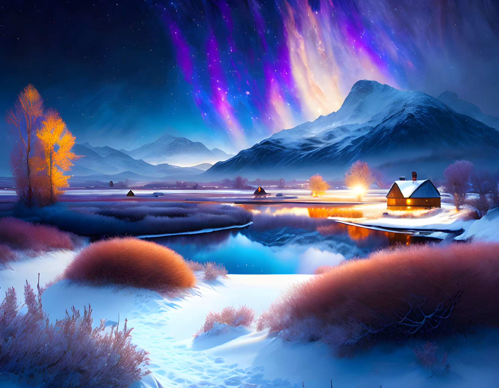 Winter night scene: serene landscape with auroras, river, cottages, snow, autumn tree