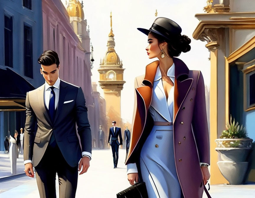 Stylized illustration of elegant man and woman in fashionable outfits