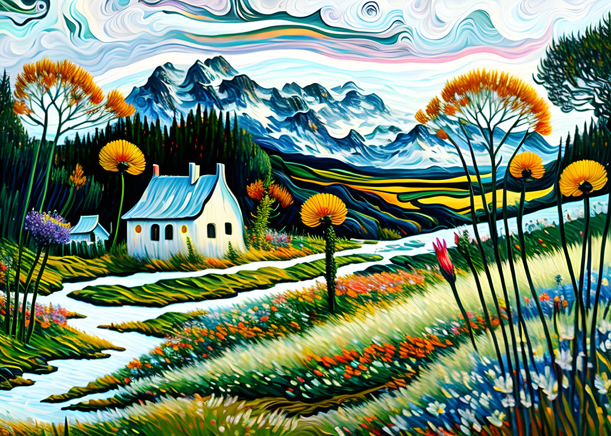 Colorful painting of house in nature with hills and mountains