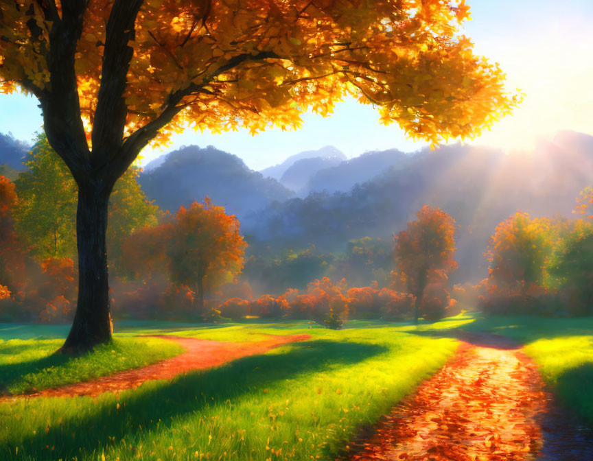 Golden tree and misty mountains in vibrant autumn landscape