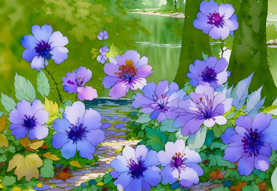 Tranquil watercolor illustration of blue and purple flowers near a serene pond