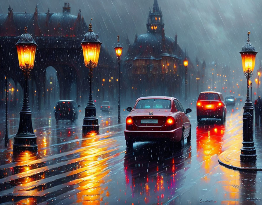 Glossy Wet Street with Vehicles and Glowing Streetlamps at Twilight