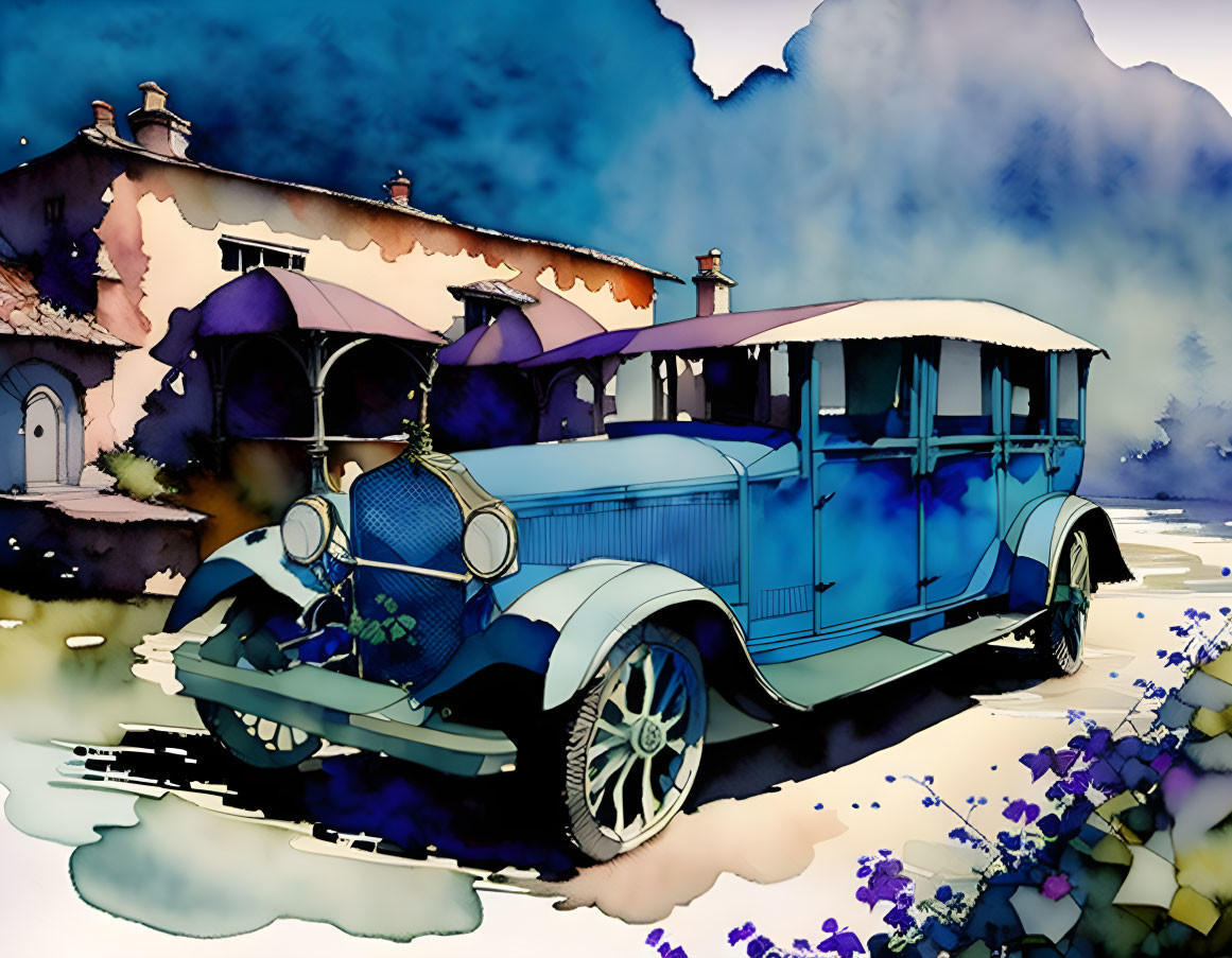 Vintage Blue Car Illustration with Quaint Houses and Purple Mountains