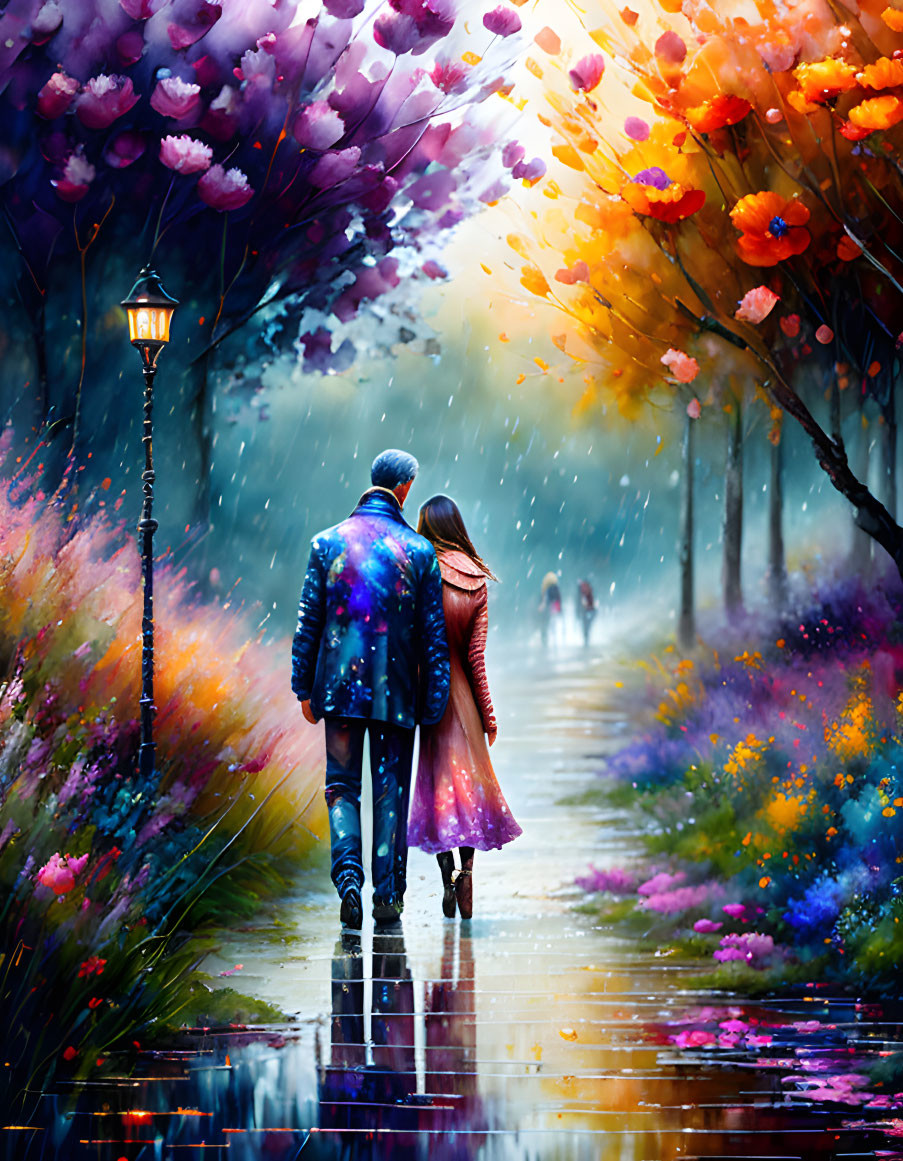 Couple Walking Under Blossoming Trees in Rainy Setting