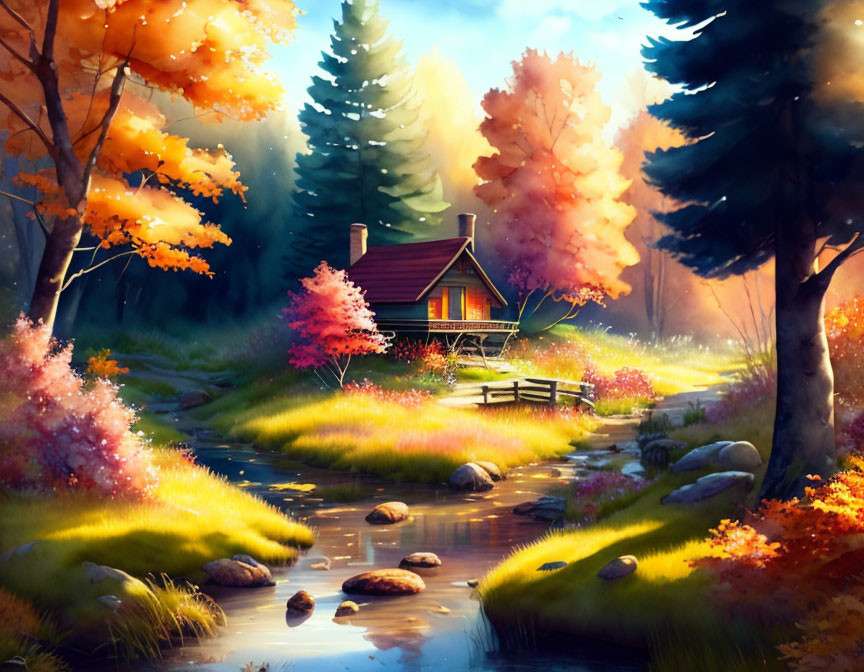 Scenic autumn cabin with colorful trees and glowing light