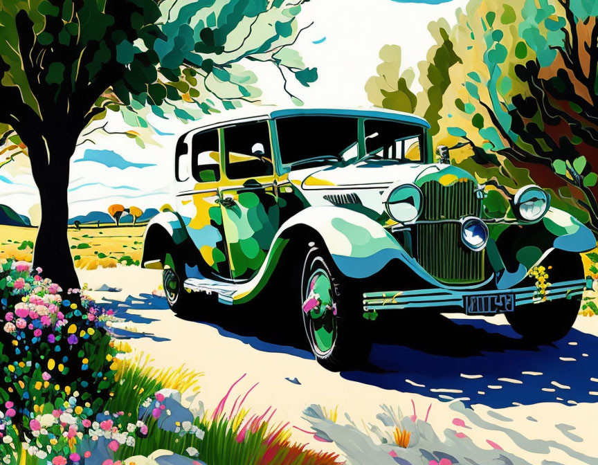 Classic car parked on countryside road with greenery and flowers under blue sky