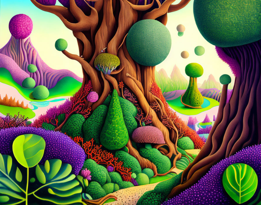 Colorful surreal landscape with whimsical trees and intricate plants