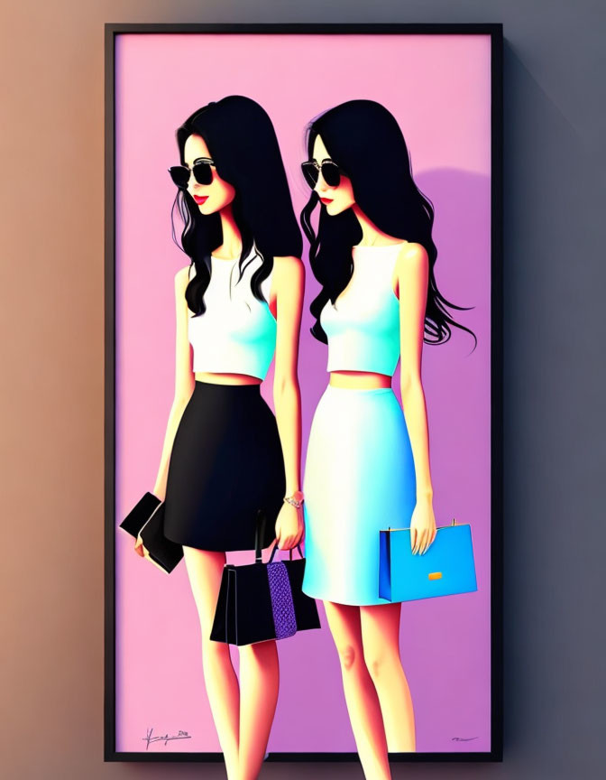 Stylized animated women in trendy outfits and sunglasses with handbags in vibrant artwork