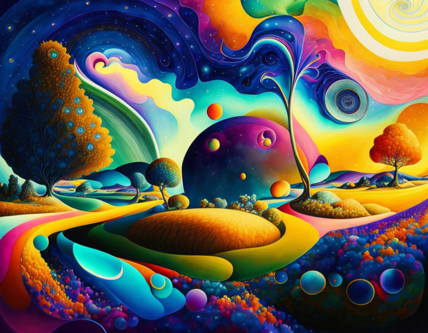 Colorful Psychedelic Landscape with Swirling Skies and Whimsical Hills