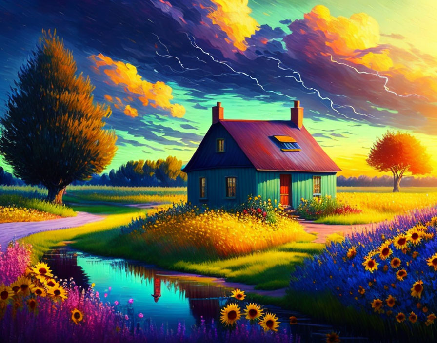 Colorful painting of house by stream at sunset