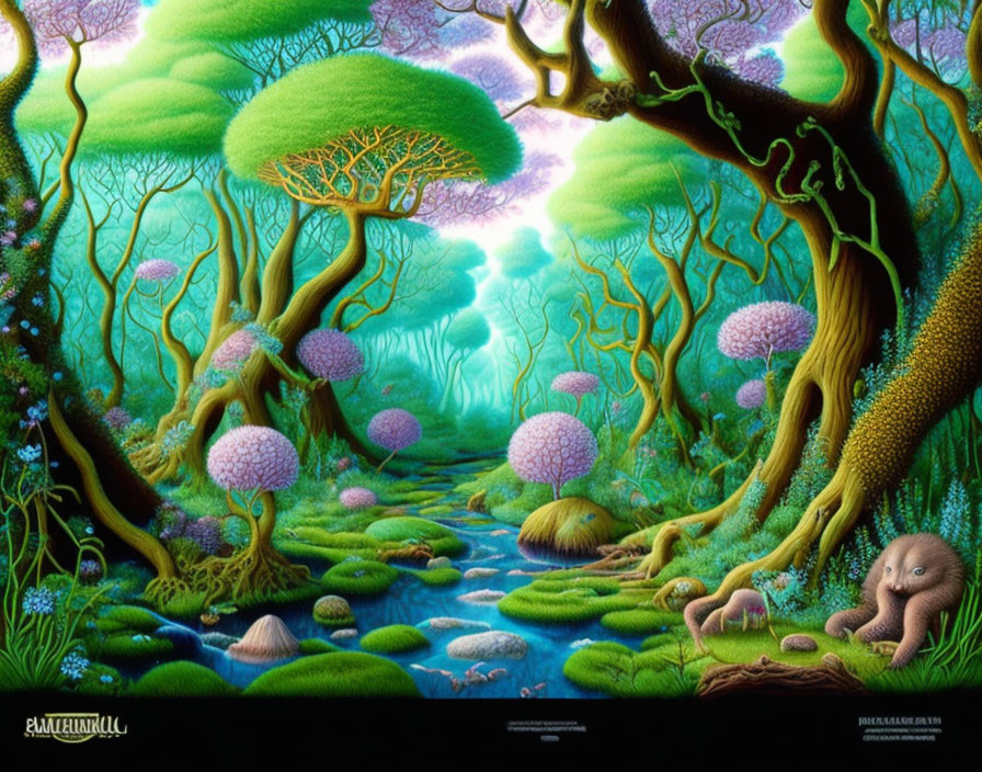 Fantasy forest with whimsical trees, purple foliage, stream, and fantastical creature.