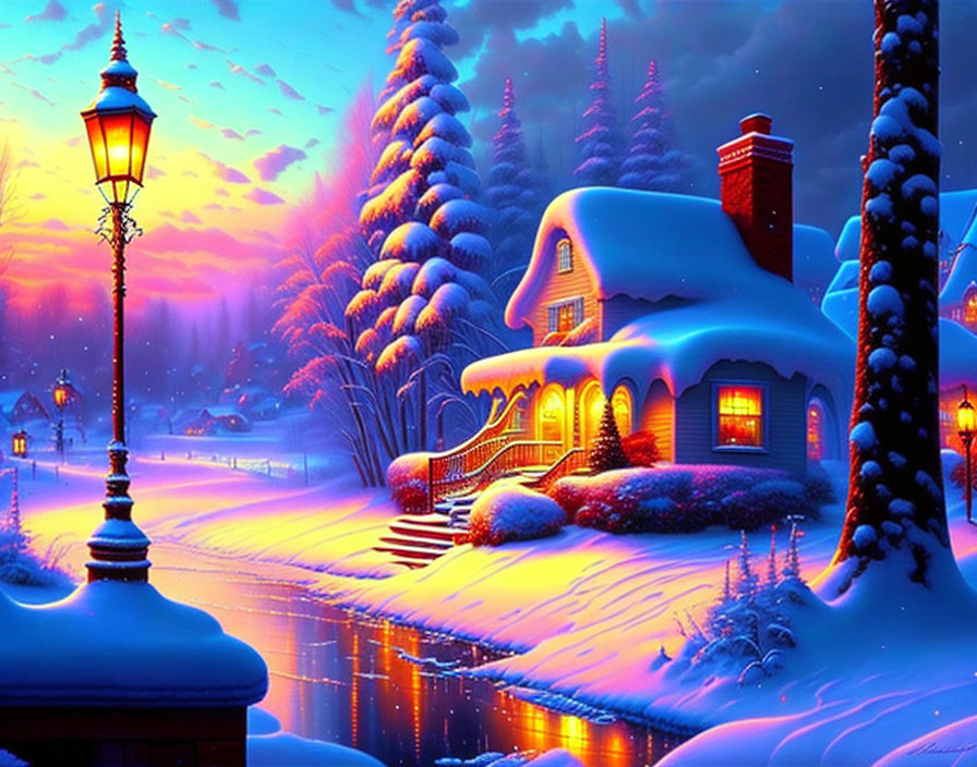 Snow-covered house and winter twilight scene with glowing windows and lamppost.