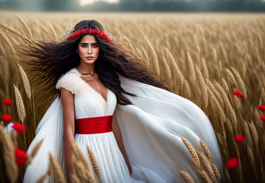 Woman in White Gown with Red Sash in Wheat Field with Red Flowers