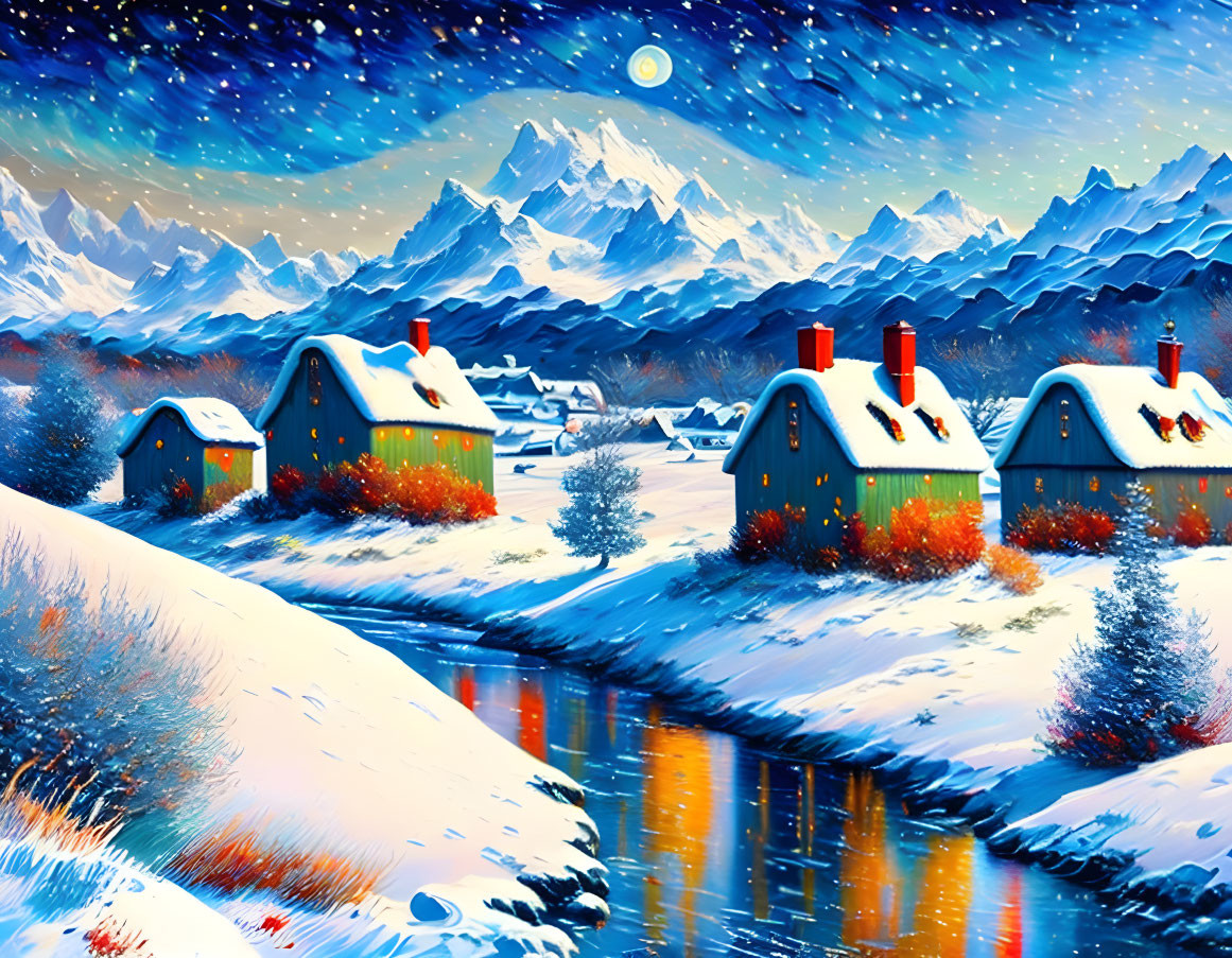 Snowy Winter Night: Cozy Cottages, River, Mountains, Starry Sky