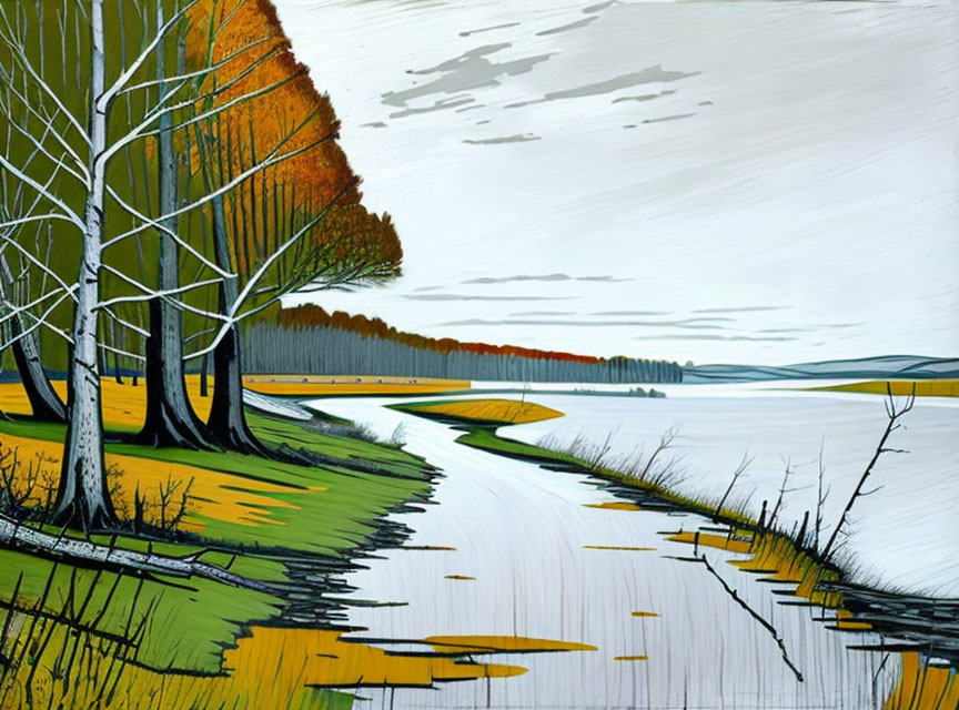 Scenic painting of a winding road by river with autumn trees and cloudy sky