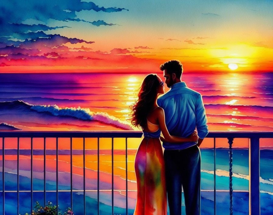 Couple Embracing at Sunset Over Ocean