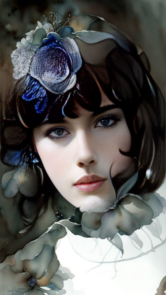 Portrait of woman with dark hair and blue feathered hairpiece in dreamlike setting