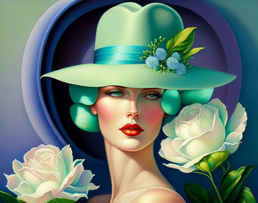 Vibrant Woman Illustration: Red Lips, Blue Eyes, Green Hat with Flowers