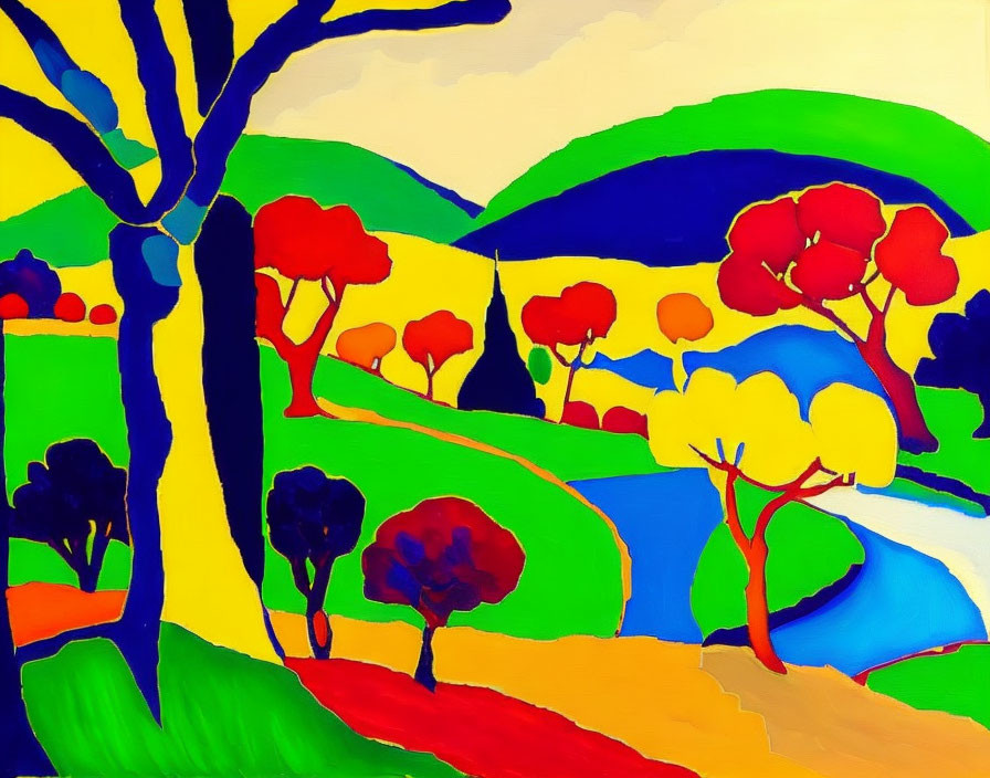 Vibrant abstract landscape painting with trees, hills, and river