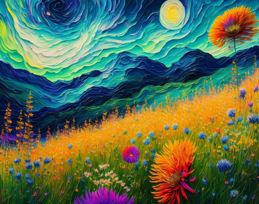 Colorful Textured Landscape Painting with Hills, Sky, and Wildflowers