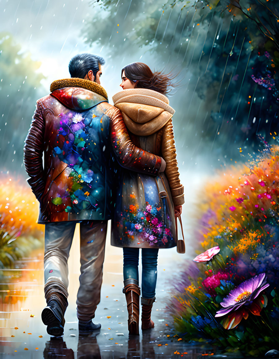 Couple in Colorful Starry Jackets Walking in Rain with Flowers and Butterfly