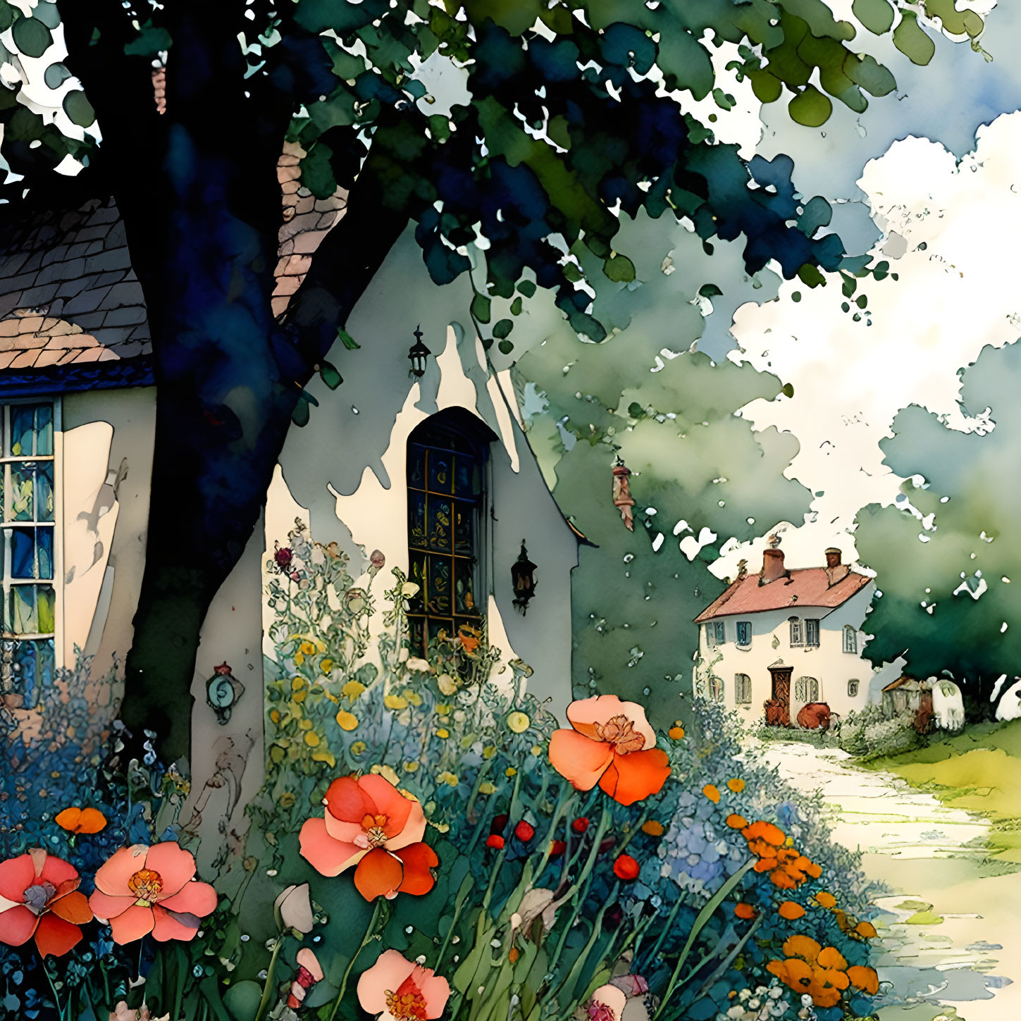 Vibrant flowers and cottages in a picturesque village scene