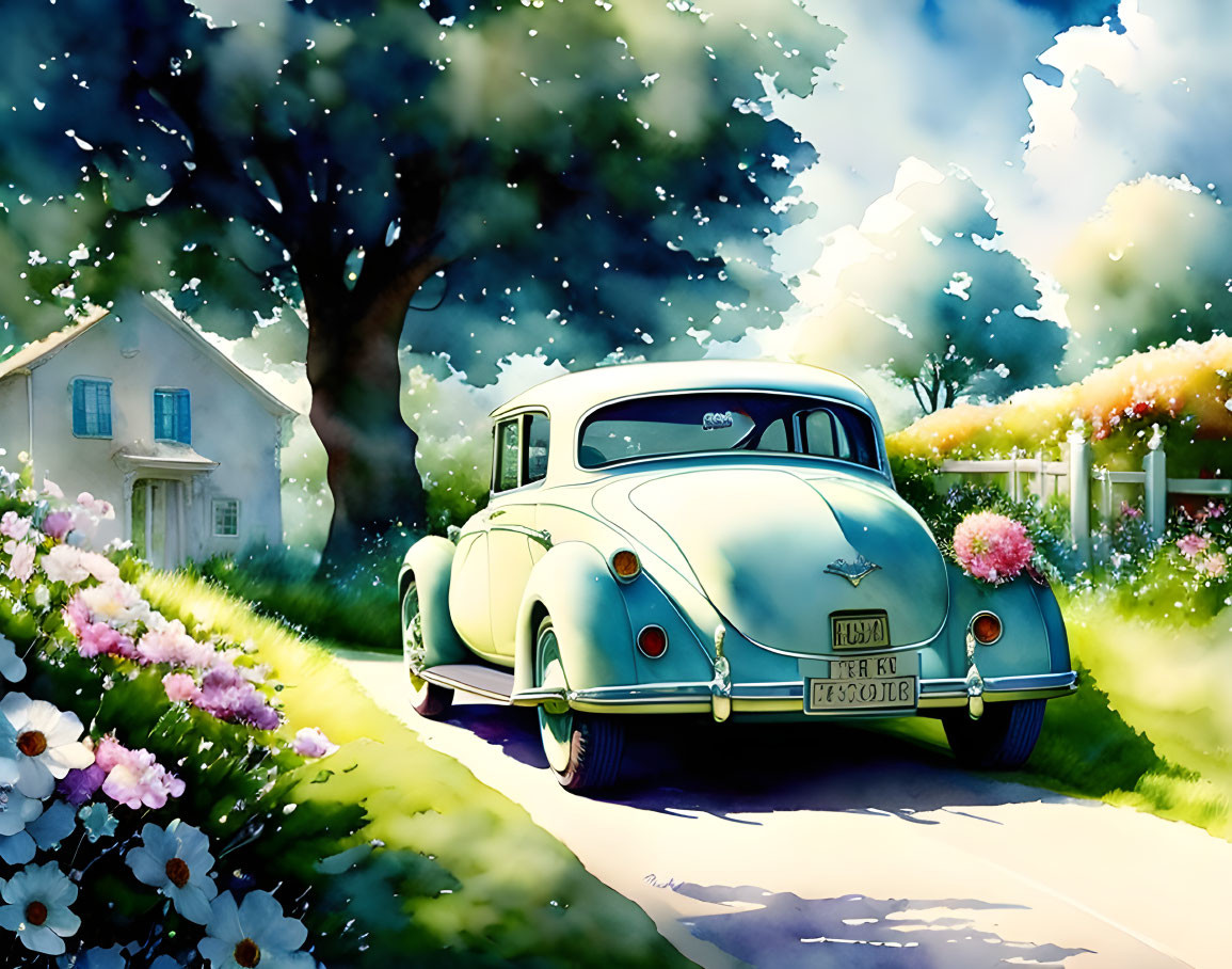 Vintage Car Parked by Quaint House with Lush Gardens