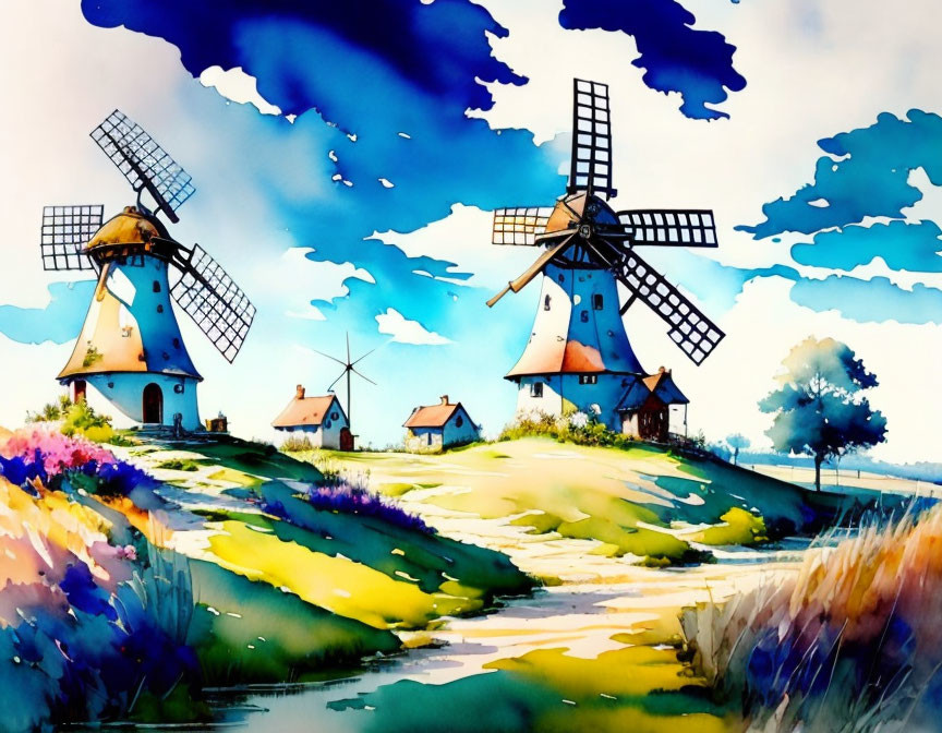 Vibrant painting: Three windmills in colorful rural landscape