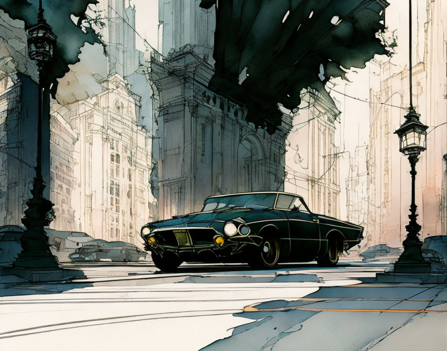 Stylized illustration of classic car in urban setting