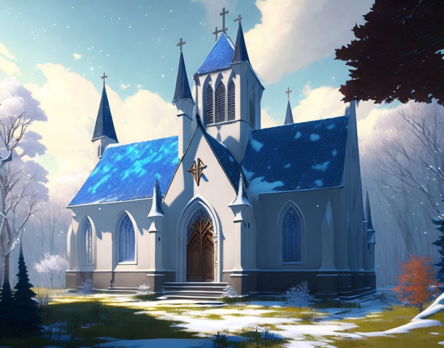 Snowy Gothic church in serene woods under clear blue sky